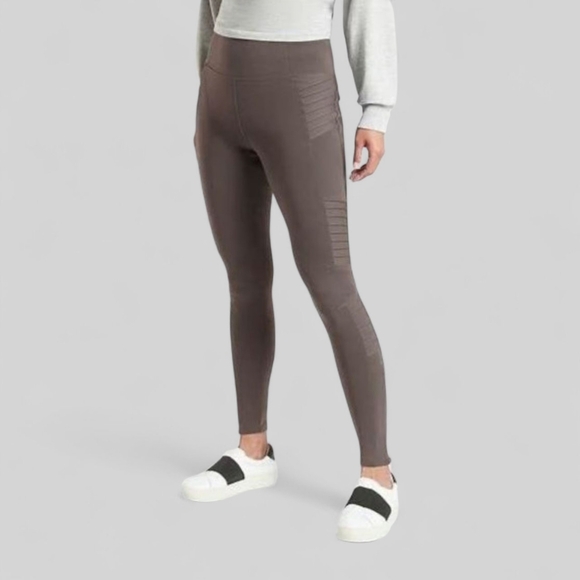 ATHLETA Moto Zip Delancy Tight Sculptek UPF 50+ Stretch Pockets Legging Taupe - Picture 2 of 12